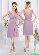 Popular V Neck Knee Length Lavender Bridesmaid Dress with Ruching