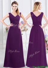 Hot Sale V Neck Ruched Purple Bridesmaid Dress in Floor Length