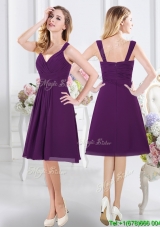 Popular Zipper Up Ruched Purple Short Bridesmaid Dress with V Neck