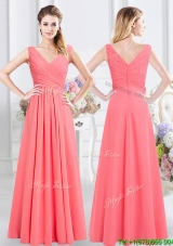 Unique V Neck Watermelon Red Long Bridesmaid Dress with Ruching