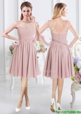 Classical Lace Decorated Cap Sleeves Zipper Up Bridesmaid Dress with Ruching