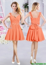 Cheap Belted and Ruched V Neck Orange Bridesmaid Dress with Zipper Up