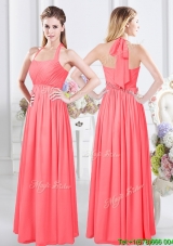 Top Seller Watermelon Red Floor Length Bridesmaid Dress with Halter Top