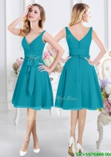 Elegant Belted and Ruched V Neck Teal Bridesmaid Dress with Zipper Up