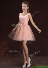 Most Popular V Neck Pink Bridesmaid Dress with Bowknot and Lace