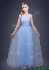 Affordable Straps Empire Light Blue Bridesmaid Dress with Bowknot and Ruching