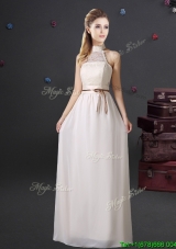 Luxurious Laced and Belted Prom Dress with Halter Top