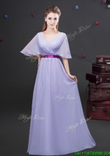 Exclusive Belted and Ruched Lavender Prom Dress with Half Sleeves