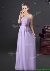 Exquisite Belted and Applique Laced Long Dama Dress in Lavender