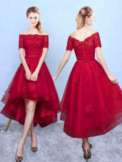 Designer Appliques Bridesmaid Gown Wine Red Lace Up Short Sleeves High Low