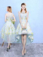 Classical Apple Green Tulle Zipper Wedding Party Dress Sleeveless High Low Appliques and Pattern