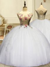 White Ball Gowns Scoop Sleeveless Organza Floor Length Lace Up Appliques and Ruffles Quinceanera Gowns