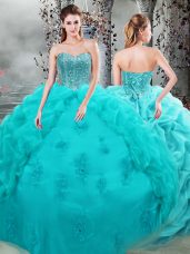 Organza Sweetheart Sleeveless Lace Up Beading and Appliques and Pick Ups Sweet 16 Quinceanera Dress in Aqua Blue