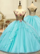 Custom Designed Sleeveless Tulle Floor Length Lace Up Vestidos de Quinceanera in Aqua Blue with Appliques