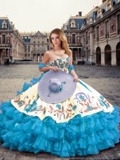 Pretty Embroidery and Ruffled Layers Quinceanera Gowns Aqua Blue Lace Up Sleeveless Floor Length