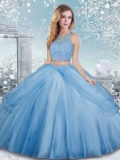 Tulle Scoop Sleeveless Clasp Handle Beading Ball Gown Prom Dress in Baby Blue