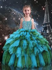 Teal Lace Up Kids Pageant Dress Beading and Ruffles Sleeveless Floor Length