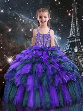Trendy Tulle Sleeveless Floor Length Girls Pageant Dresses and Beading and Ruffles