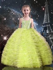 Sleeveless Floor Length Beading and Ruffled Layers Lace Up Kids Formal Wear with Yellow Green