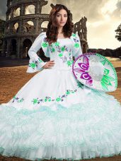 White Quince Ball Gowns Military Ball and Sweet 16 and Quinceanera with Embroidery and Ruffled Layers Square Long Sleeves Lace Up