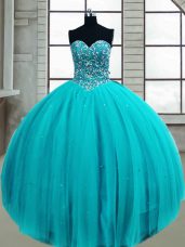 Custom Designed Sleeveless Tulle Floor Length Lace Up 15th Birthday Dress in Aqua Blue with Beading