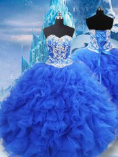 Beading and Ruffles 15th Birthday Dress Blue Lace Up Sleeveless Floor Length