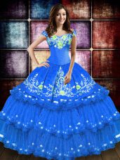 Extravagant Blue Quinceanera Dress Military Ball and Sweet 16 and Quinceanera with Embroidery and Ruffled Layers Off The Shoulder Sleeveless Lace Up