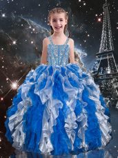 New Style Ball Gowns Girls Pageant Dresses Blue Straps Organza Sleeveless Floor Length Lace Up