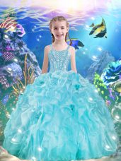Best Organza Straps Sleeveless Lace Up Beading and Ruffles Kids Formal Wear in Aqua Blue