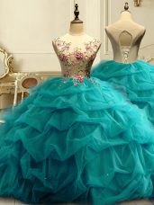 Glamorous Sleeveless Appliques and Ruffles and Sequins Lace Up Ball Gown Prom Dress