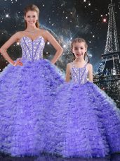 Glamorous Lavender Ball Gowns Beading and Ruffles Sweet 16 Dress Lace Up Tulle Sleeveless Floor Length