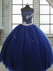Sleeveless Floor Length Beading Lace Up Quinceanera Gown with Navy Blue
