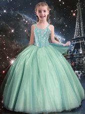 On Sale Turquoise Ball Gowns Straps Sleeveless Tulle Floor Length Lace Up Beading Flower Girl Dress