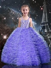 Unique Short Sleeves Lace Up Floor Length Beading and Ruffled Layers Girls Pageant Dresses