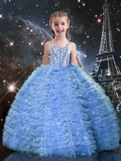 Baby Blue Tulle Lace Up Little Girl Pageant Dress Sleeveless Floor Length Beading and Ruffled Layers