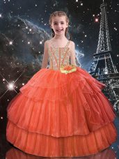 Best Short Sleeves Lace Up Floor Length Beading and Ruffled Layers Little Girl Pageant Dress