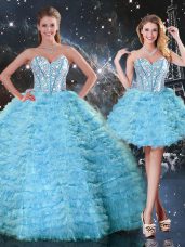 Exquisite Aqua Blue Sleeveless Beading and Ruffled Layers Floor Length Ball Gown Prom Dress