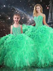 Dramatic Floor Length Lace Up Quinceanera Gown Green for Military Ball and Sweet 16 and Quinceanera with Beading and Ruffles
