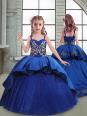Beauteous Royal Blue Girls Pageant Dresses Spaghetti Straps Sleeveless Brush Train Lace Up
