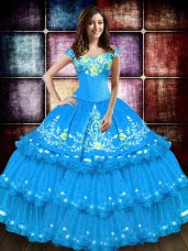 Extravagant Baby Blue Taffeta Lace Up Quinceanera Dresses Sleeveless Floor Length Embroidery and Ruffled Layers