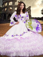 Artistic White Quince Ball Gowns Military Ball and Sweet 16 and Quinceanera with Embroidery and Ruffled Layers Square Long Sleeves Lace Up