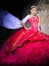 Beauteous Hot Pink Sweetheart Lace Up Embroidery and Ruffles 15 Quinceanera Dress Brush Train Sleeveless