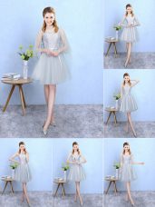 Romantic V-neck Sleeveless Bridesmaid Gown Knee Length Lace Silver Tulle