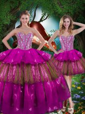 Fantastic Sweetheart Sleeveless Organza Sweet 16 Dresses Beading and Ruffled Layers and Sequins Lace Up