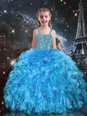Adorable Sleeveless Organza Floor Length Lace Up Kids Formal Wear in Baby Blue with Beading and Ruffles
