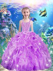 Sleeveless Floor Length Beading and Ruffles Lace Up Pageant Gowns For Girls with Lilac