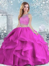 Floor Length Clasp Handle Quinceanera Dress Fuchsia for Military Ball and Sweet 16 and Quinceanera with Beading and Ruffles