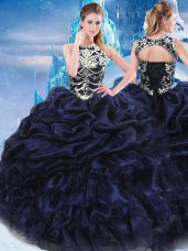 Navy Blue High-neck Neckline Appliques and Ruffles and Pick Ups Quinceanera Gowns Sleeveless Lace Up