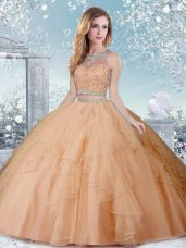 Adorable Champagne Tulle Clasp Handle Scoop Sleeveless Floor Length Sweet 16 Dress Beading