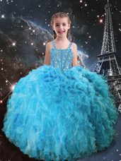 Straps Sleeveless Little Girls Pageant Gowns Floor Length Beading and Ruffles Aqua Blue Organza
